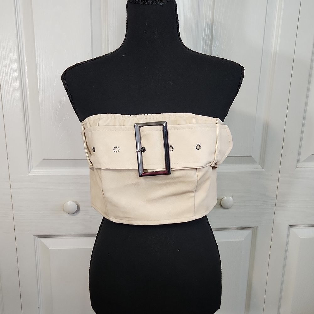 PrettyLittleThing Cream Belt & Buckle Bandeau Top Size 8 Rave Y2K Festival Rock